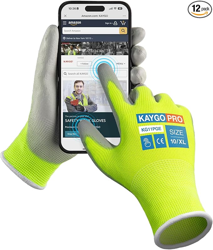 KAYGO Safety Work Gloves PU Coated for Men and Women- KG11P,12 Pairs,Seamless Knit Glove with Two Fingers Touchscreen,Ideal for General Duty Work (Green,XL)