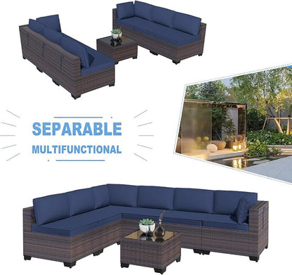 Kullavik 7 Pieces Outdoor Patio Furniture Set, Sectional Rattan Sofa Set Brown - Image 6