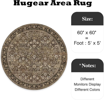 5ft Round Brown Vintage Floral Washable Rug - Image 2