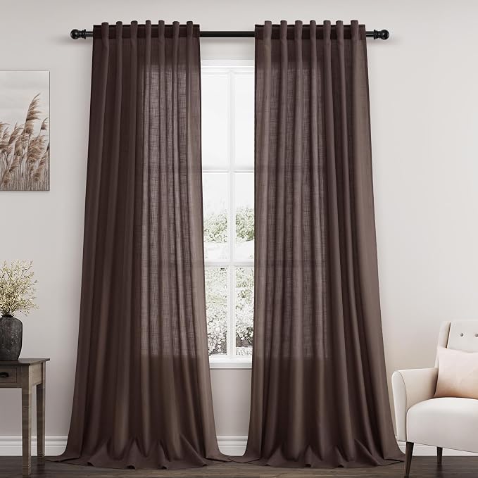 Coffee Linen Semi Sheer Curtains 120 Inches Long 2 Panels Set Back Tab Loop by Nanspring