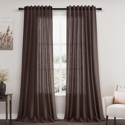 Coffee Linen Semi Sheer Curtains 120 Inches Long 2 Panels Set Back Tab Loop by Nanspring