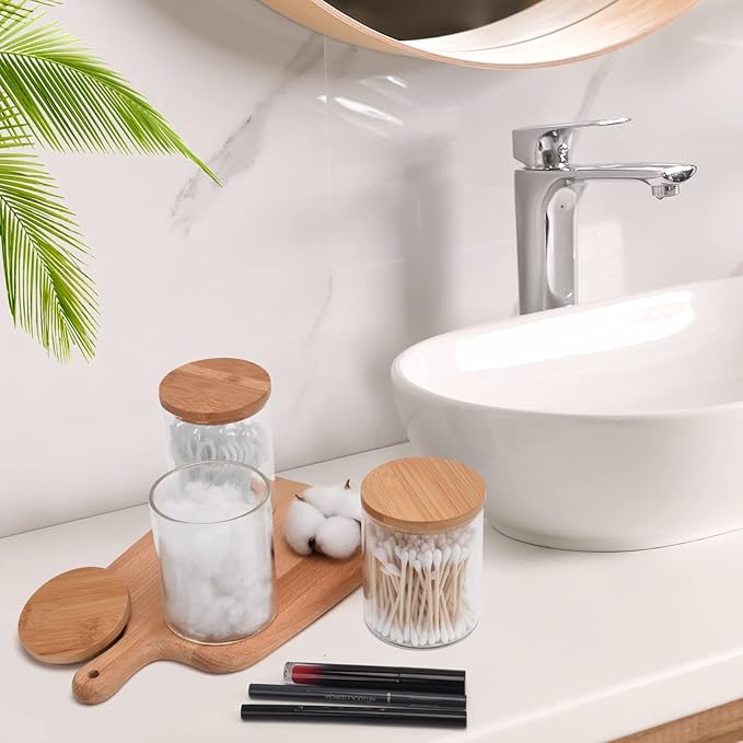 3 Pack Glass Qtip Holder Dispenser Set - Apothecary Jars with Lids for Vanity Makeup Organizer - Bathroom Canister Storage Organizer for Cotton Ball,Swab,Round Pads,Floss