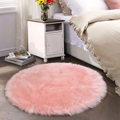 Latepis Round Pink Rug 5ft Faux Fur Sheepskin Circle Rug - Image 7