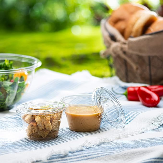 Portion Cups with Lids (4 Ounces, 100 Pack) | Disposable Plastic Cups for Meal Prep, Portion Control, Salad Dressing, & Medicine | Small Plastic Condiment Container