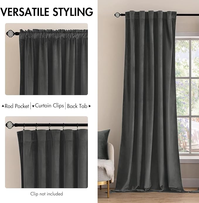 MIULEE Velvet Curtains 52x90 inches 2 Panels Gray Blackout Curtains | Luxury - Image 2