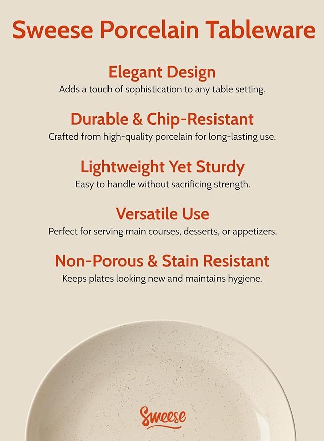 Sweese 11 Inch Porcelain Dinner Plates, Set of 6 - Beige, Vitrified China, Curve Collection, Dishwasher Microwave Safe