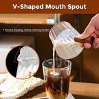 YARRAMATE 6 oz/180ML Glass Measuring Cup with Wooden Handle – Espresso Shot Cups, Ribbed Milk Frothing Pitcher, Dual Scale Markings, V-Shaped Mouth for Easy Pouring
