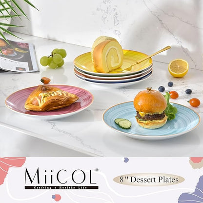 Miicol Ceramic Dessert Plates Set of 6, Colorful Appetizer Plates 8 Inch, Stackable Salad Dishes, Small Dinner Plates, Durable Dinnerware for Kitchen, Party, Wedding, Microwave and Dishwasher Safe
