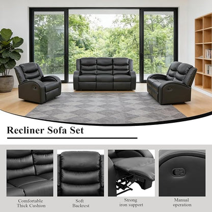 3-Piece Couch Living Room Furniture Sets, Sectional Recliner Sofa Set, Leather - Image 6