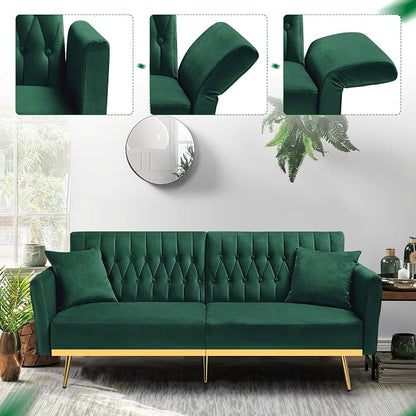 70” Velvet Futon Sofa Bed w/Adjustable Backrests and Armrests, Convertible - Image 6