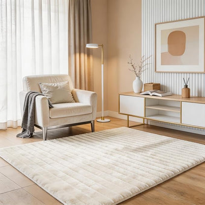 Creamy White Rabbit Striped Plush Rug 4'x6', Fluffy Faux Fur Shaggy Area Rug by CHOVY