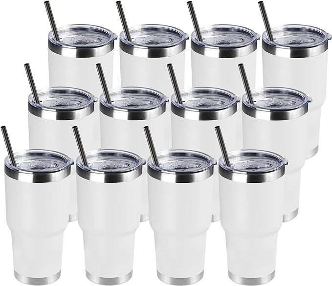 DOMICARE 30 oz Tumbler with Lid and Straw, Stainless Steel Tumblers Bulk, Insulated Vacuum Double Wall Travel Coffee Mug, Durable Powder Coated Tumbler Cups (White, 12)