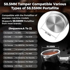 IKAPE Coffee Products, 58MM Espresso Tamper, Premium Barista Coffee Calibrated Tamper with Spring Loaded, 100% Stainless Steel Tamper Compatible with All 58MM Bottomless Portafilter (Silver)