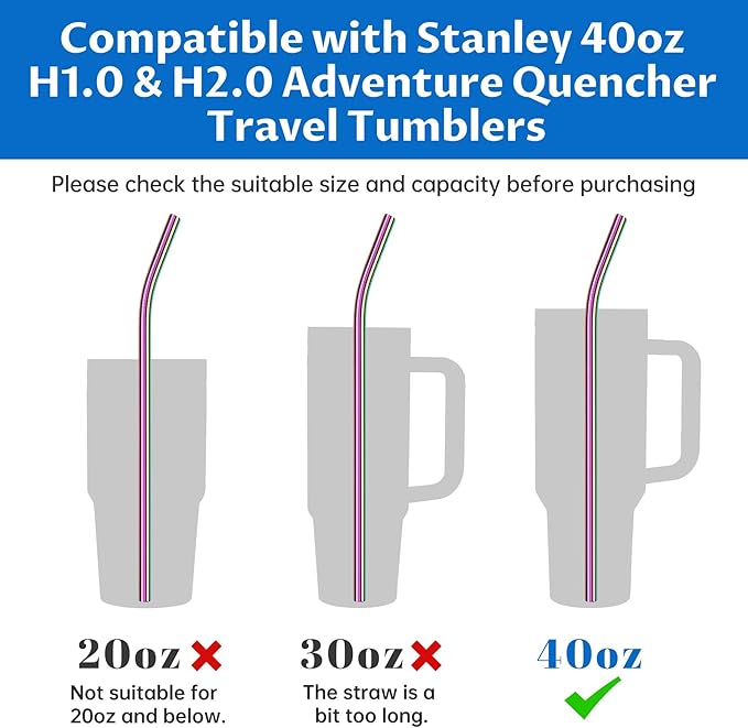 Tomorotec 8-Pack Bent Stainless Steel Straws for 40oz Stanley Tumblers, 12" Metal Straws for Stanley Cup with 1 Brush, Reusable Drinking Straws for Smoothies, Milkshakes, Dishwasher Safe (Iridescent)