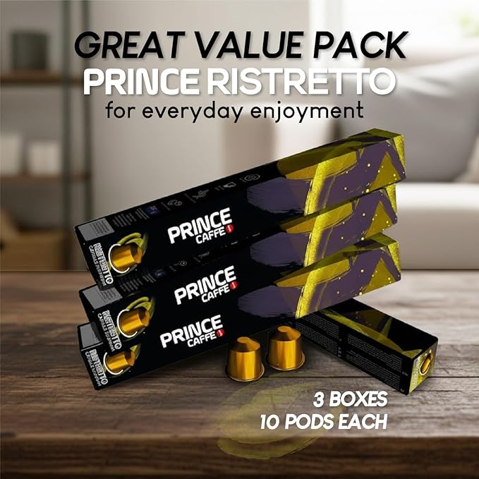 Prince Caffe Espresso Pods – Ristretto Intensity 10, Dark Roast, The Espresso Coffee Pods Are Compatible with Nespresso Original Line Machines, 30 Count (3 x 10 Capsules) Premium Quality Coffee Capsules.