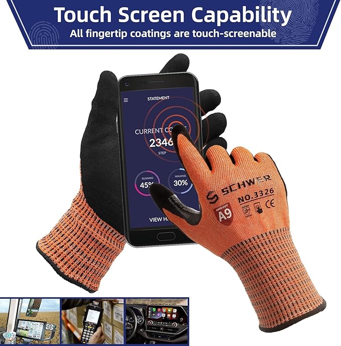 Schwer ProGuard Highest Level Cut Resistant Work Gloves PR3326 for Extreme Protection，ANSI A9 Cut Gloves with Reinforced Thumb, Non Slip, Non PFAS, Durable, Touch-screen, Orange 120 Pairs, L