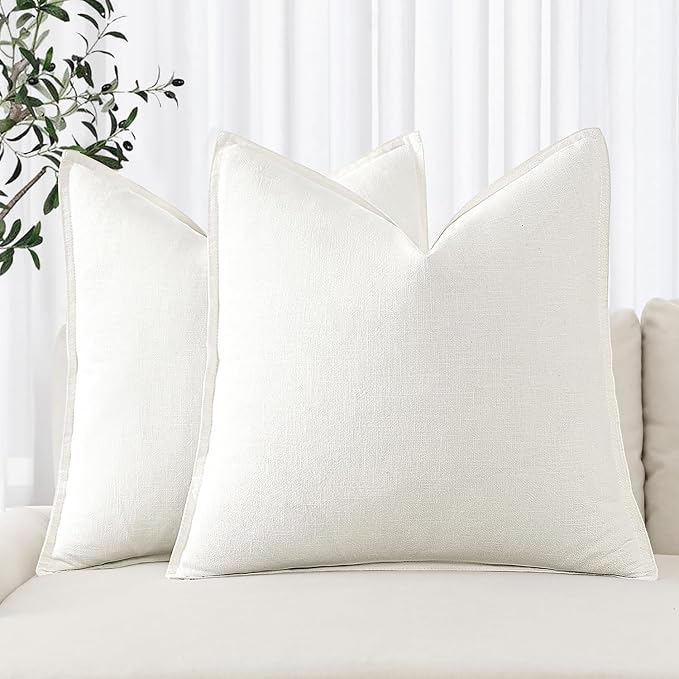 MIULEE Set of 2 Linen Pillow Covers 18x18 Inch Cream White | Boho Farmhouse​ by MIULEE
