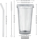 13oz Clear Iced Coffee Cups with Lids, Clear Glass Tumbler with Straw & Lid, Ribbed Glassware Cups, Dishwasher Safe Drinking Glasses, Stylish Glass Cups for Coffee, Juice, Tea, Matcha