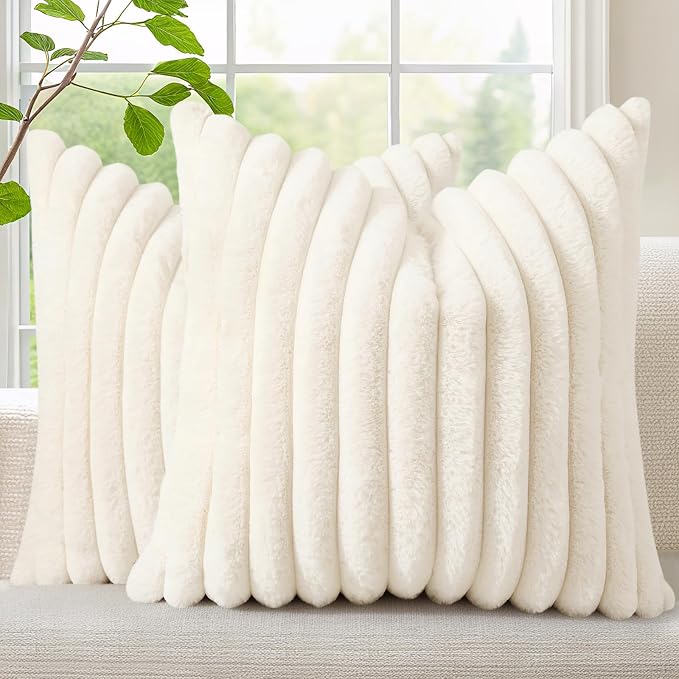 decorUhome Fall Faux Fur Throw Pillow Covers 22x22 Set of 2 Cream White | by decorUhome
