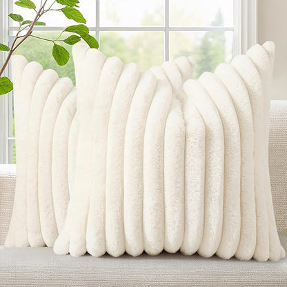 decorUhome Fall Faux Fur Throw Pillow Covers 22x22 Set of 2 Cream White | by decorUhome