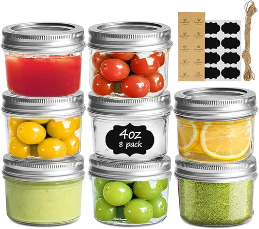 ComSaf Mini Mason Jars 4oz - 8 Pack, Regular Mouth Mason Jar with Lids and Seal Bands, Small Glass Canning Jar for Spice, Jam, Honey, Jelly, Dessert, Shower Wedding Favors, DIY Candles Decor
