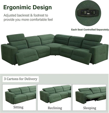 Power Recliner Sectional Sofa, L-Shaped Living Room Furniture Set, Flannel - Image 4