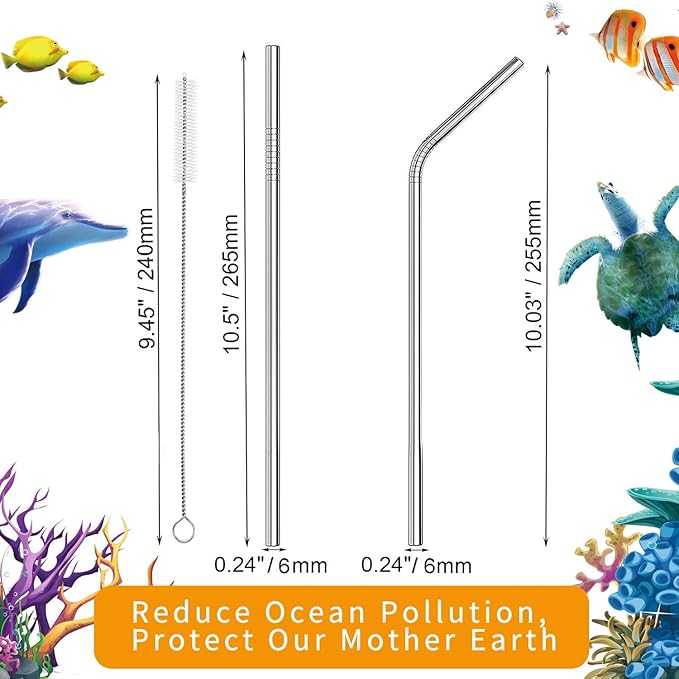 VEHHE Metal Straws Stainless Steel Straws Drinking Straws Reusable - 10.5" Ultra Long 4 + 1 - W/Cleaning Brush for 20/30 Oz for Yeti RTIC SIC Ozark Trail Tumblers (2 Straight|2 Bent|1 Brush)