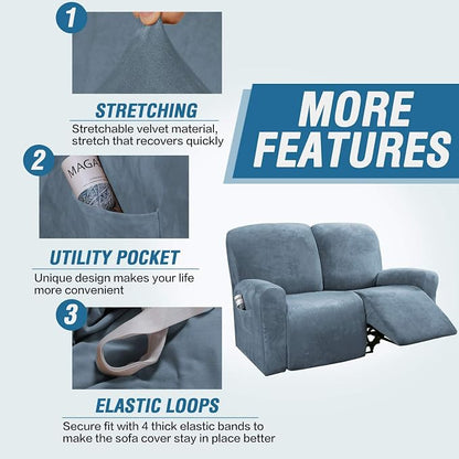 H.VERSAILTEX Velvet Stretch Recliner Couch Covers 6-Pieces Recliner Loveseat - Image 4