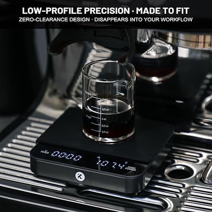 KitchenTour CaféMetric Coffee Scale with Timer 0.1g/2000g - Precision Scale for Espresso & Pour Over - Water Flow Speed Mode and Coffee Powder-to-Liquid Ratio Mode - Rechargeable, LCD Display - Black