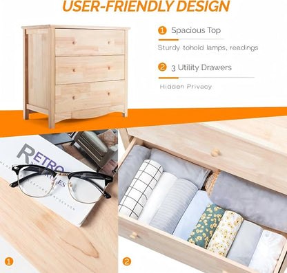 VINGLI Unfinished Solid Wood Dresser Color DIY, 3 Drawer Dresser, Natural - Image 6