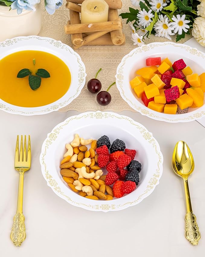 100 Pack White Plastic Bowls with Gold Rim, 12oz Disposable Soup Bowl, Heavy Duty Dinner Bowls for Party, Weddings, Dinners, Catering and Everyday Use