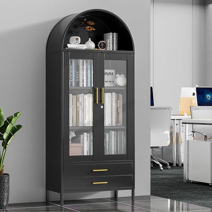 73" Tall Display Cabinet with Glass Doors and 2 Drawers, Metal Arched Cabinet - Image 5