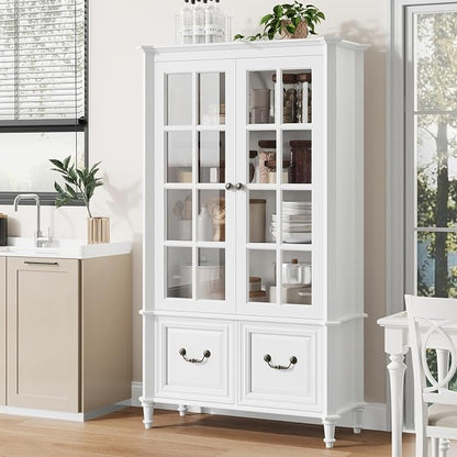 QUW 63" Tall Bookshelf with Glass Doors and Solid Wood Legs, Modern Book Shelf - Image 8