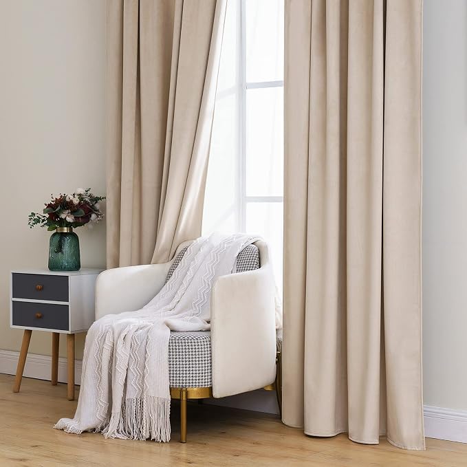 MIULEE Velvet Curtains 52x90 inches 2 Panels Camel Beige Blackout Curtains | - Image 7