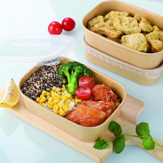 50 Sets 17oz Disposable Kraft Paper Bowls with Lids, Rectangle Paper Food Containers with Lids, Salad Bowls for Hot/Cold Food, Soup, Meal Prep, Ice Cream, Takeout, Party Supplies(500ml)