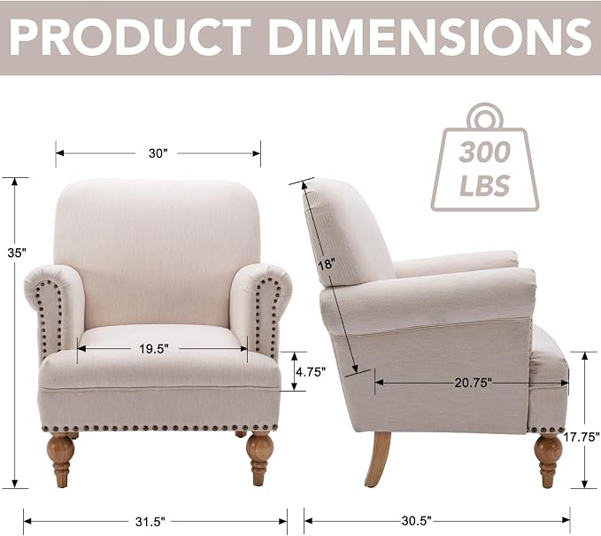 Beige Linen Fabric Accent Chairs Set of 2, Modern Farmhouse Upholstered - Image 3