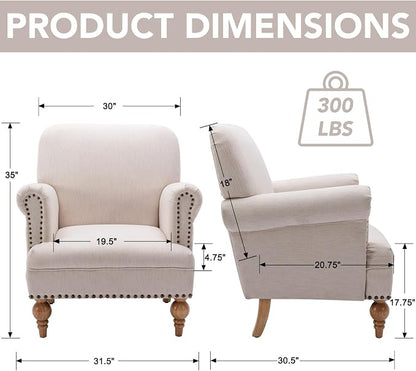 Beige Linen Fabric Accent Chairs Set of 2, Modern Farmhouse Upholstered - Image 3
