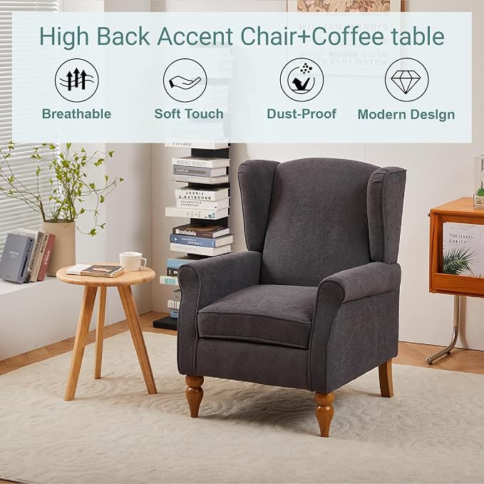 Mid-Century High Wingback Chair Set of 2, Modern Fabric Accent Chair Armchair - Image 8