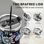 40 oz Tumbler with Lids and Straws, Stainless Steel Insulated Coffee Tumbler, Double Wall Vacuum Insulated Travel Mug Cup, Leakproof Thermal Coffee Cup for Hot and Cold Drinks (Flower)