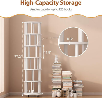 Muwuele Solid Wood Rotating Bookshelf on Wheels, 6 Tier, Round Revolving - Image 2