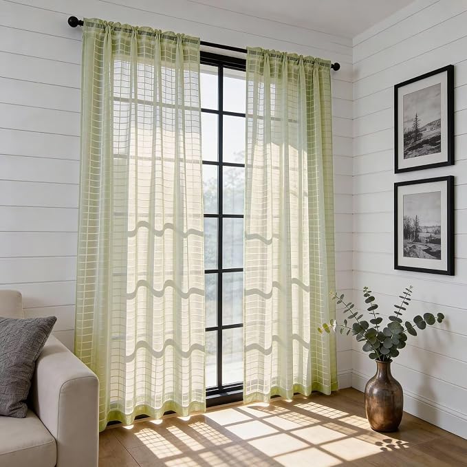 SpaceDresser Check Sheer Curtains 96 Inches 2 Panels Set, Rod Pocket Plaid - Image 4
