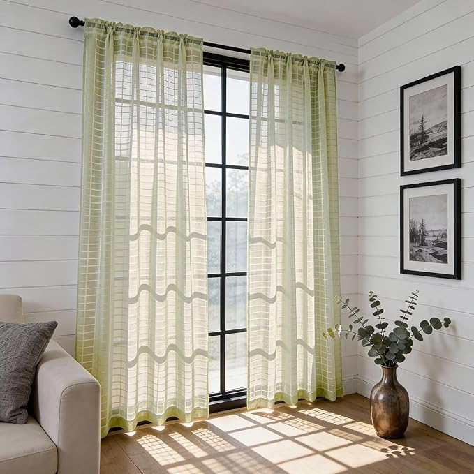 SpaceDresser Check Sheer Curtains 54 Inches 2 Panels Set, Rod Pocket Plaid - Image 4