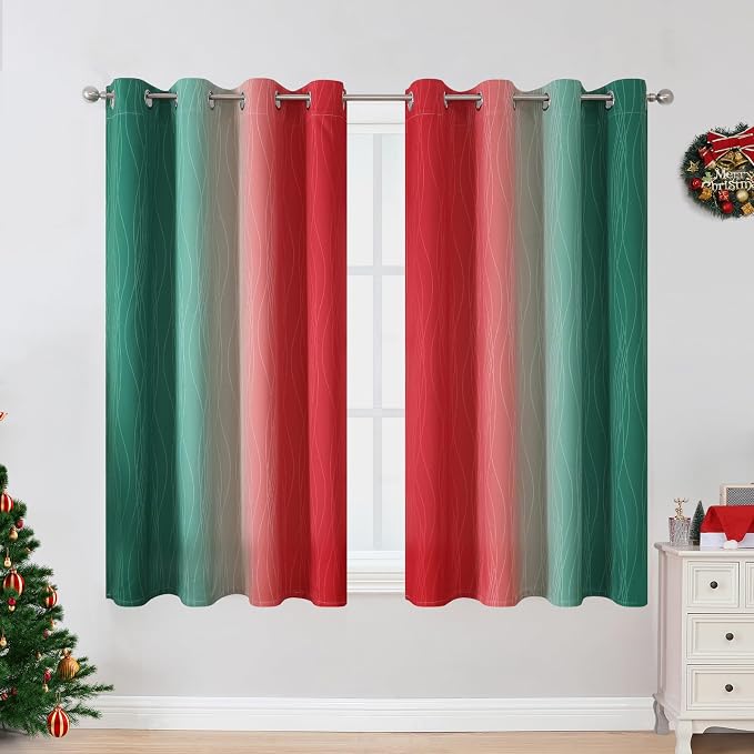 Red and Green Ombre Blackout Curtains 52Wx45L 2 Panels | Ombre Christmas - Image 2