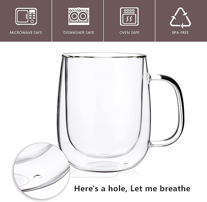CNGLASS Glass Coffee Mugs 12oz,Double Wall Insulated Mug Set with Handle,Clear Glass Espresso Mugs for Latte,Cappuccino,Tea Bag,Hot and Cold Beverages,Set of 4