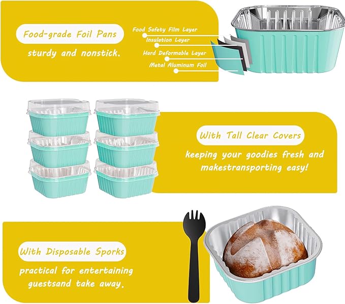 25 Pack Square Mini Cake Pans with Lids,Mini Loaf Pans with Lids,Aluminum Foil Baking Cups,Disposable Ramekins Cupcake Cups,Dessert Cups for Wedding Birthday Party Picnics,5oz (Blue)
