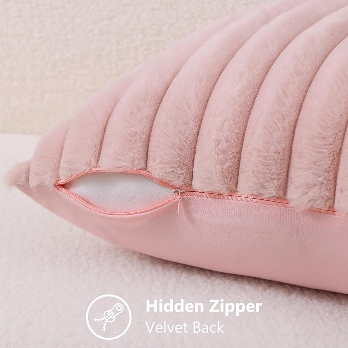 decorUhome Fall Faux Fur Throw Pillow Covers 12x20 Set of 2 Pink | Decorative - Image 3