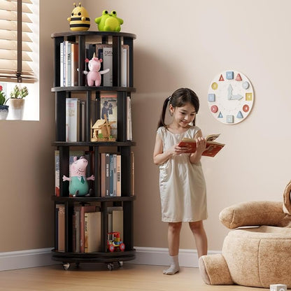 Muwuele Solid Wood Rotating Bookshelf on Wheels, 4 Tier, Round Revolving - Image 3