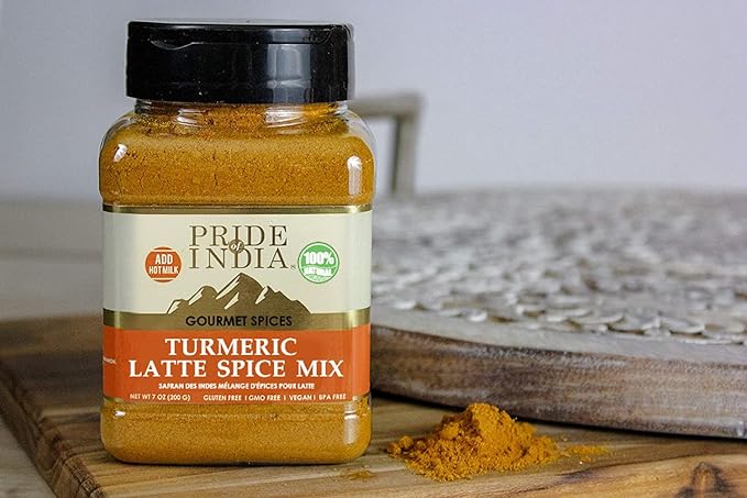 Pride of India - PACK of 6 - Turmeric Latte Spice Mix – Gourmet & Warm Tea Spice Blend – Healthy/Gluten-Free – Ideal for Lattes/Smoothies/Golden Milk – Easy to Store – 7 oz. Medium Dual Sifter Jar