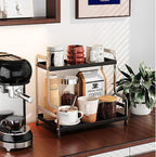 KISKIS Coffee Mug Cup Holder Space Saving 2-Tier Sturdy Stable Metal Storage Shelf, Prevent Falling Scratch Resistant Kitchen Rack Office Bathroom Desktop Organizer,Black+sliver