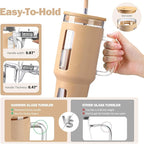 Kodrine 40 oz Glass Tumbler with Handle, Iced Coffee Tumbler with Straw and Bamboo Lid, Glass Drinking Cup with Silicone Sleeve Time Marker, Water Bottle Dishwasher Safe, Cup Holder Friendly, Amber